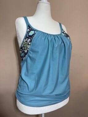Blue Floral-Trim Women’s Swim Coverup Tank